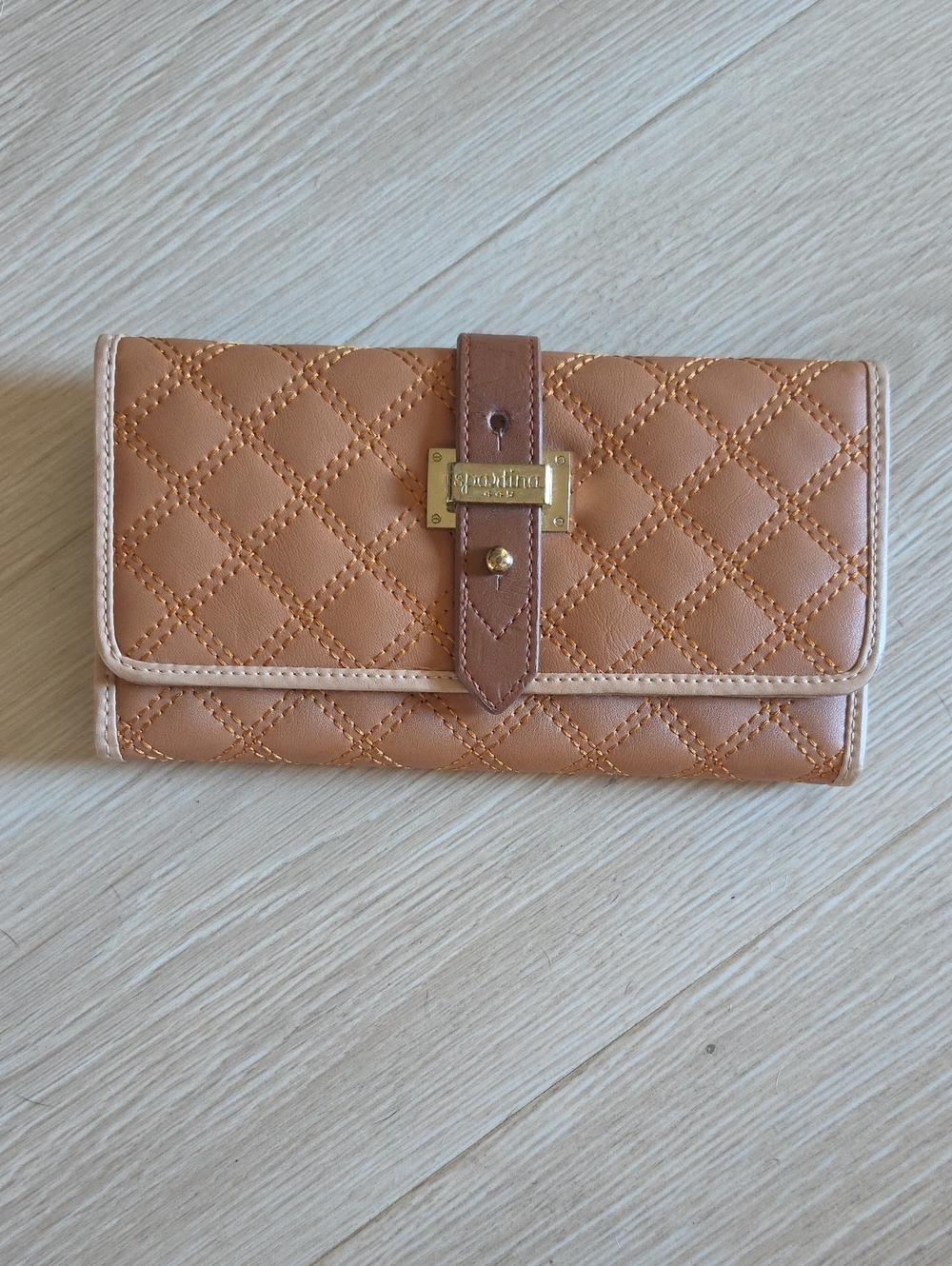 Quilted Tan Leather Wallet Clutch with Strap Detail